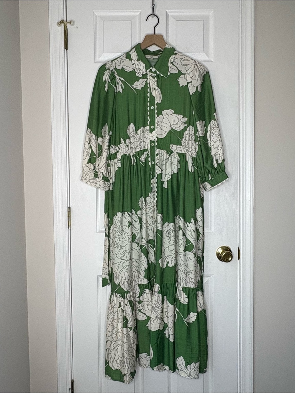 Entro Green White Floral Peony Gardenia Print Midi Dress Ric Rack Trim, S. NWOT - Picture 3 of 15